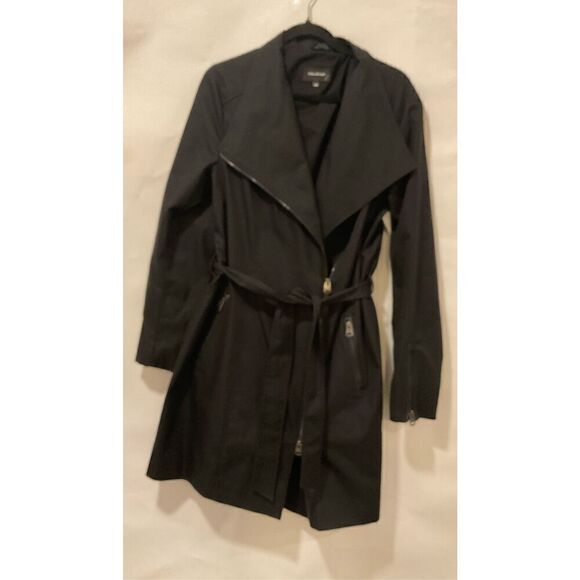 Mackage Montreal Women's Black Asymmetrical Zip Trench Coat Size Large - Picture 4 of 9